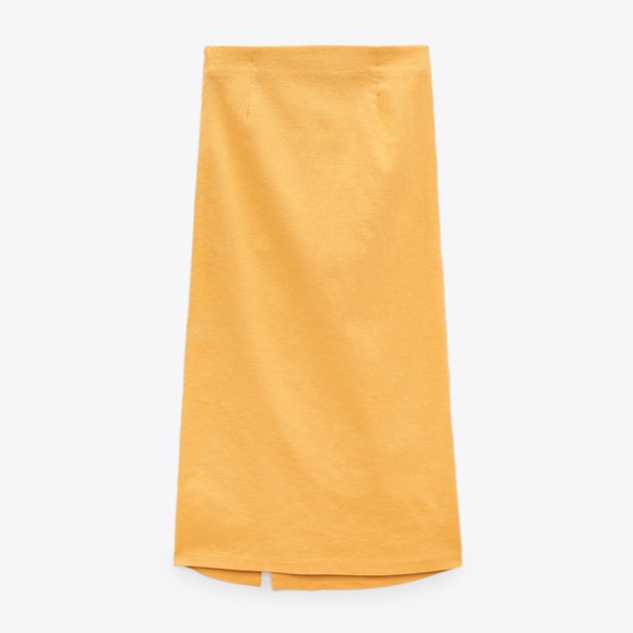 NWT ZARA Tropical Yellow Linen Blend Ruched Midi Skirt L - Picture 7 of 8
